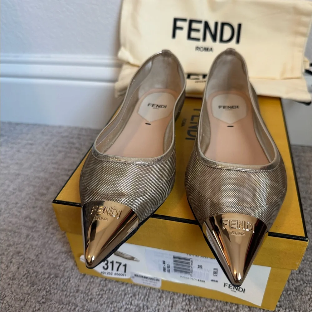 FENDI Colibri Ballerina FF Logo Mesh Pointed Cap Toe Ballet Flats Shoes